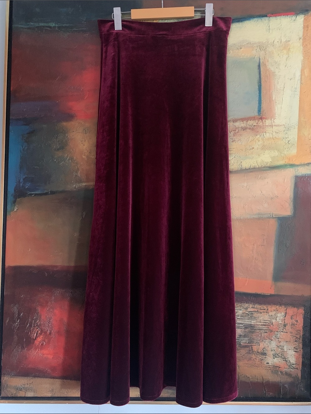 ICÔNE Luxurious Floor Length Maxi Skirt in Burgundy Velvet, Sz M-L